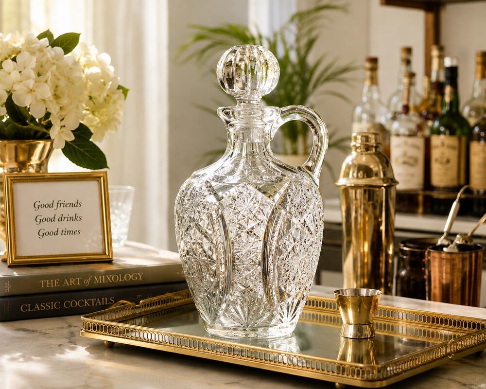Antique Pressed Glass Handled Decanter with Original Stopper Starburst Pattern
